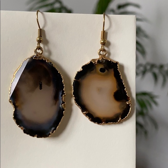 🔮HP🔮 Gold Agate Slice Earrings Natural Stone - Picture 2 of 7